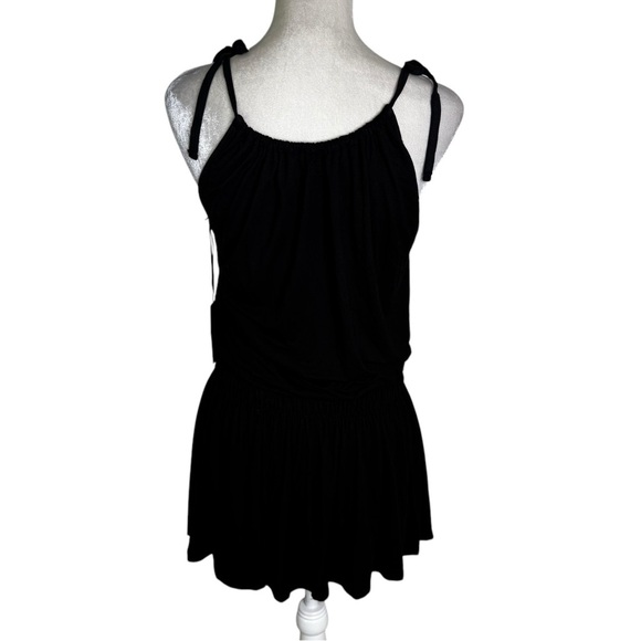 NWT Michael Lauren Tie Shoulder Smocked Waist Knit Mini Dress Black Size L - Picture 2 of 8